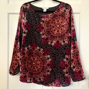 Peck‎ & Peck Velvet Burnout Top Floral Medallion Long Sleeve Castle Core Size 12